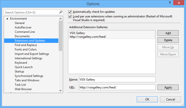 Visual Studio options dialog